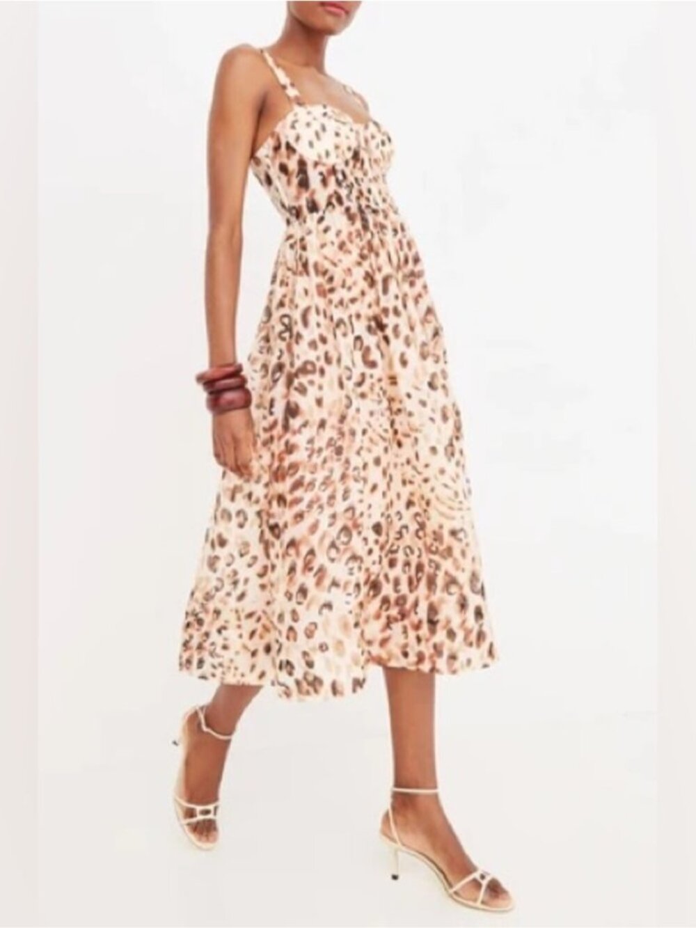 NEW CARA CARA Pheobe Midi Dress Bustier Cheetah Blush Brown Tan Cream US 6 UK 10